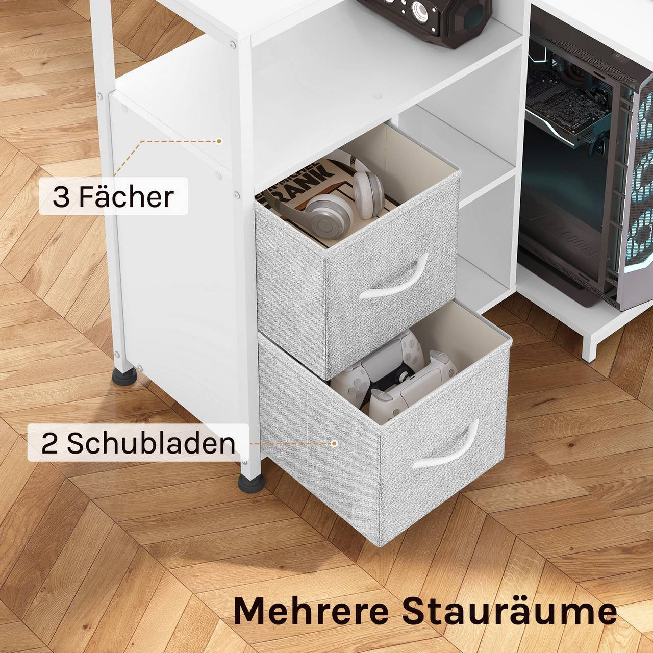 24goodz L-Shaped Corner Desk - Integrated Power Outlet - Spacious Storage - Wood and Metal - For Home Office - White