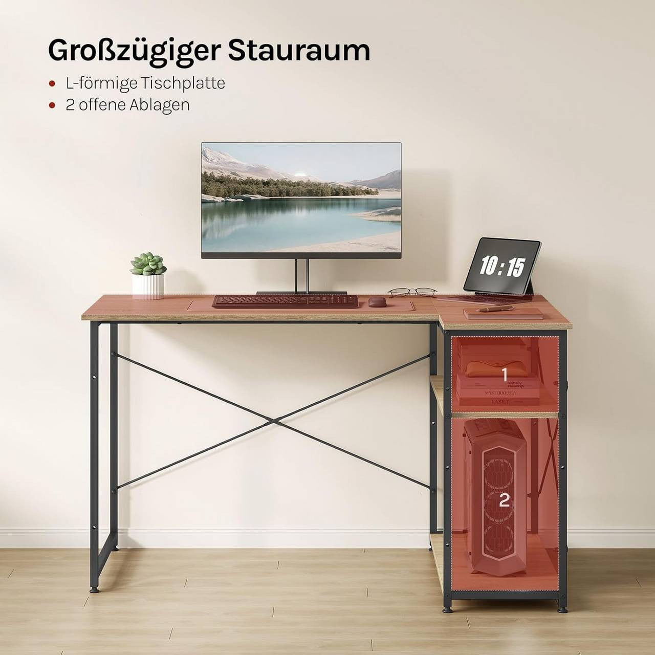 24goodz L-Shaped Desk - Ample Storage Space - Sturdy Metal and E1 Wood - For Home Office - 120 x 74 x 71.5 cm - Grey - hei