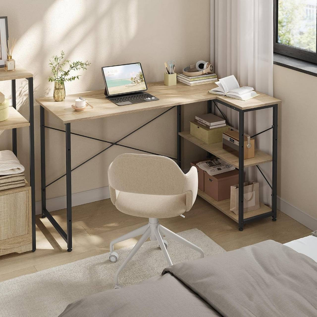24goodz L-Shaped Desk - Ample Storage Space - Sturdy Metal and E1 Wood - For Home Office - 120 x 74 x 71.5 cm - Grey - hei