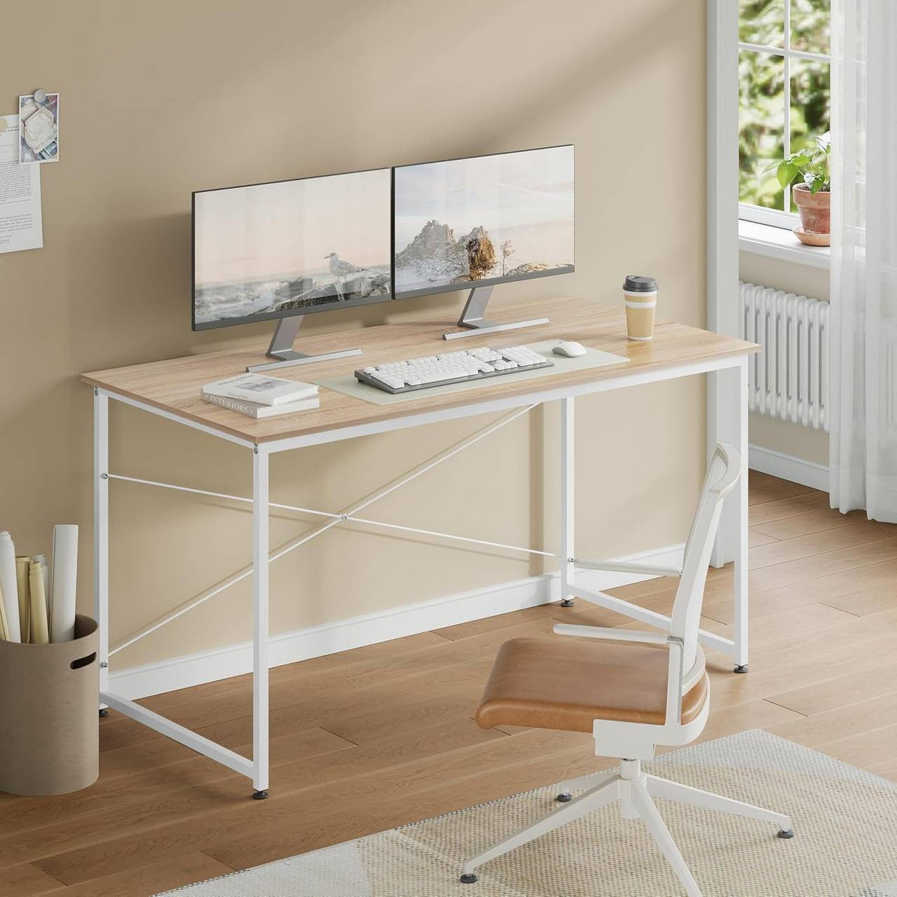 24goodz Desk - Spacious Surface for Comfort - Sturdy and Durable - E1 Wood and Metal - For Home Office and Study - Light Oak
