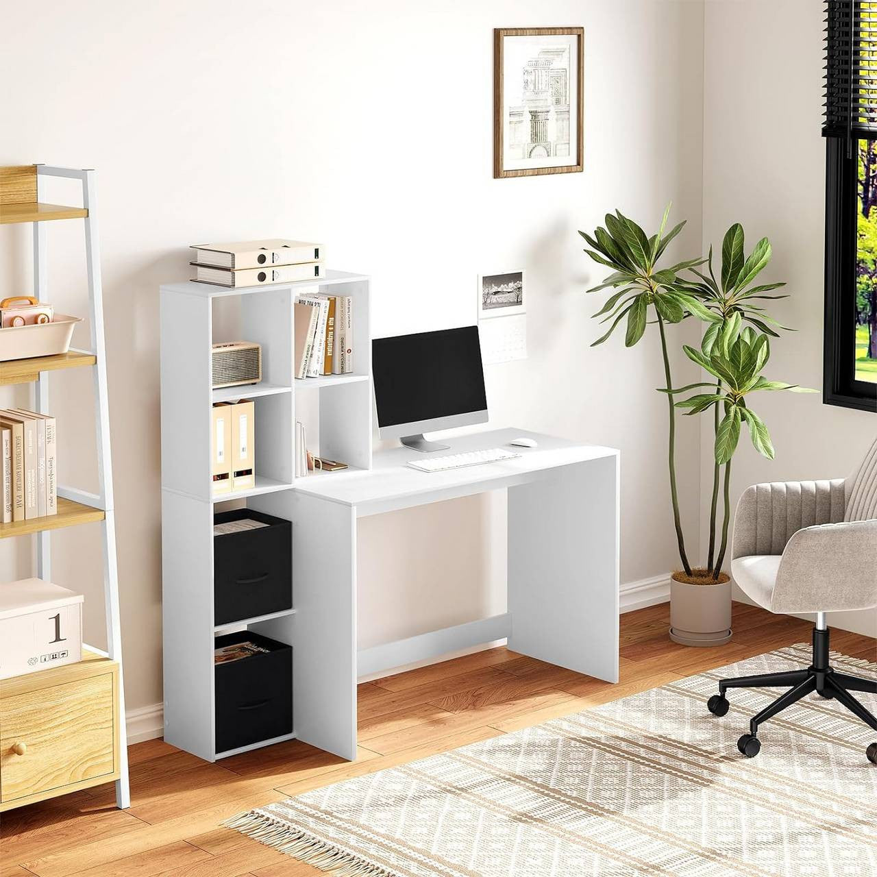 24goodz White Desk with Shelf - Spacious Work Surface - E1 Wood Material - For Home Office - 140.5x134x50 cm