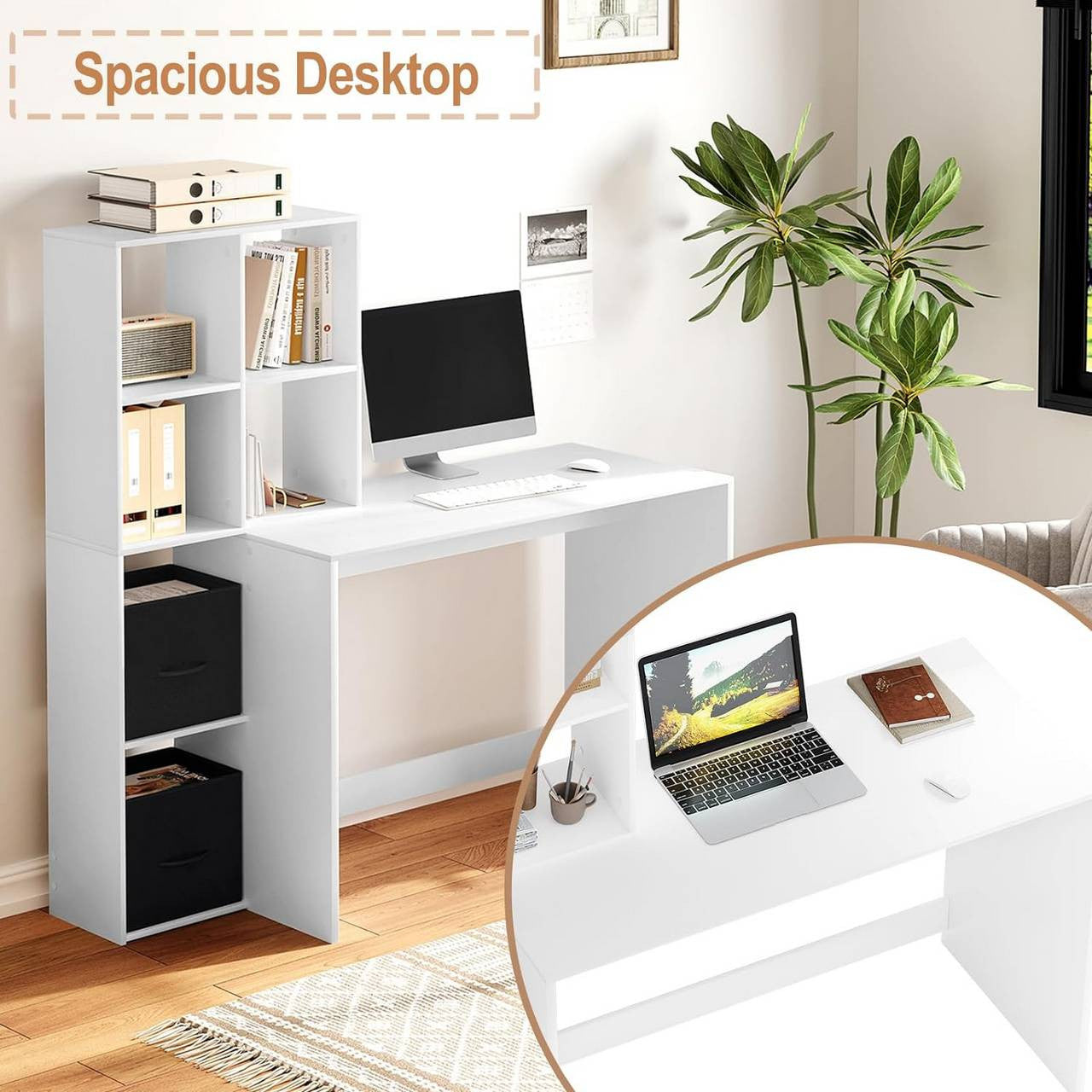 24goodz White Desk with Shelf - Spacious Work Surface - E1 Wood Material - For Home Office - 140.5x134x50 cm