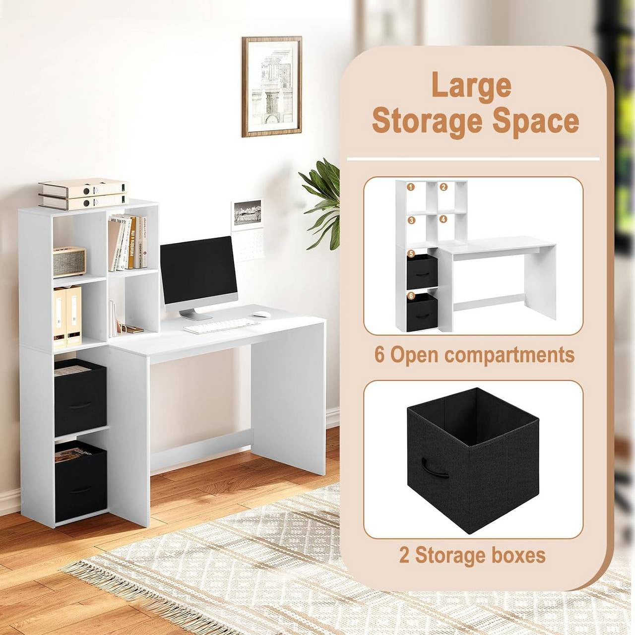 24goodz White Desk with Shelf - Spacious Work Surface - E1 Wood Material - For Home Office - 140.5x134x50 cm