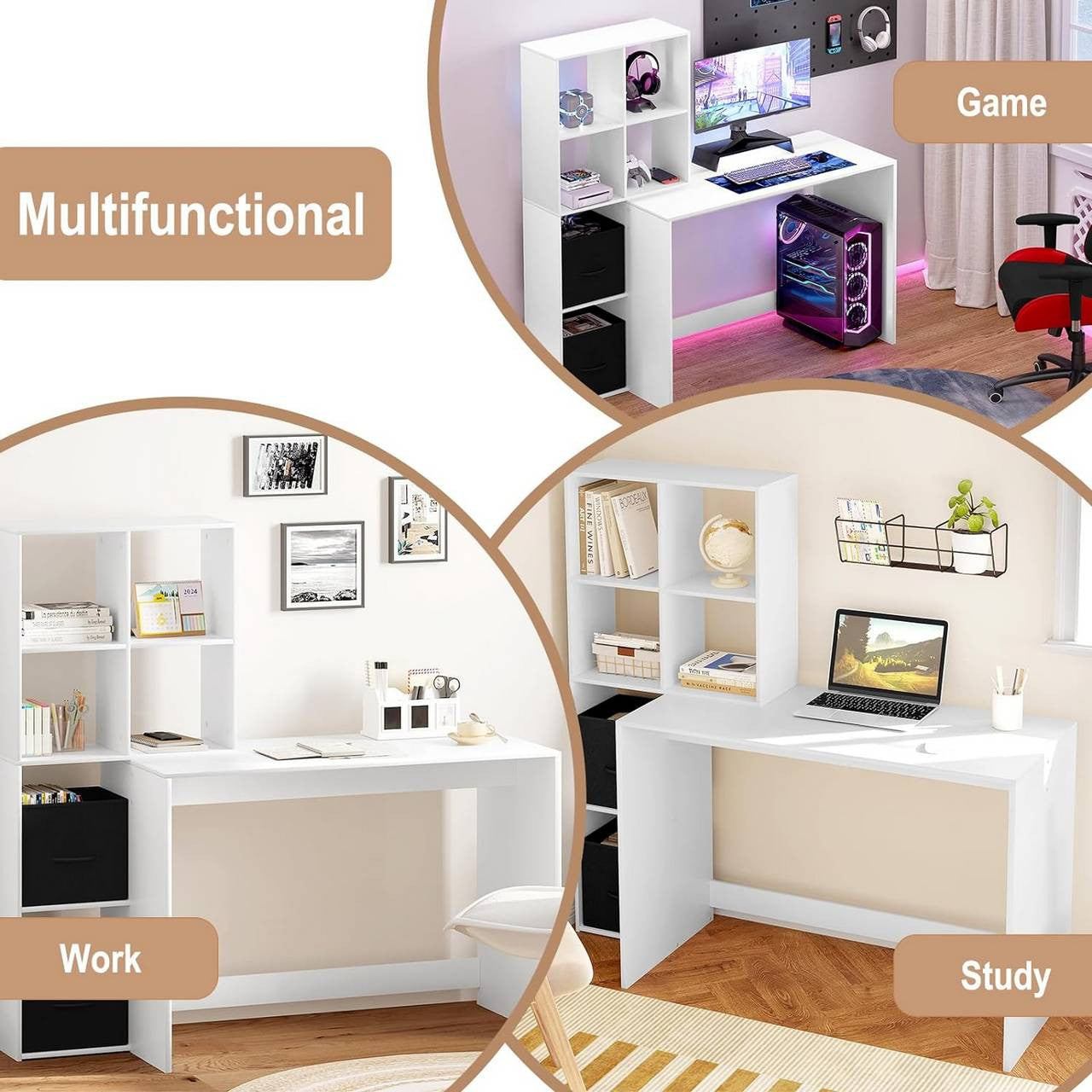 24goodz White Desk with Shelf - Spacious Work Surface - E1 Wood Material - For Home Office - 140.5x134x50 cm
