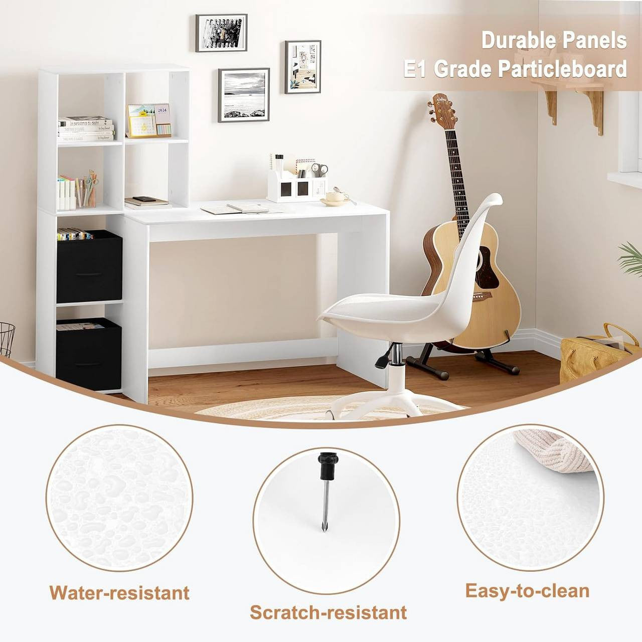 24goodz White Desk with Shelf - Spacious Work Surface - E1 Wood Material - For Home Office - 140.5x134x50 cm