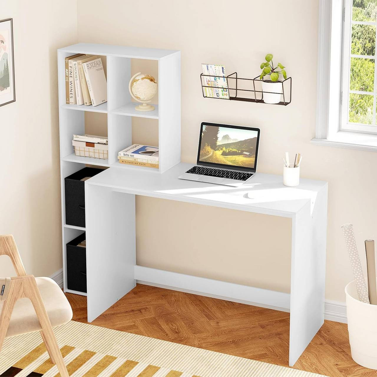 24goodz White Desk with Shelf - Spacious Work Surface - E1 Wood Material - For Home Office - 140.5x134x50 cm