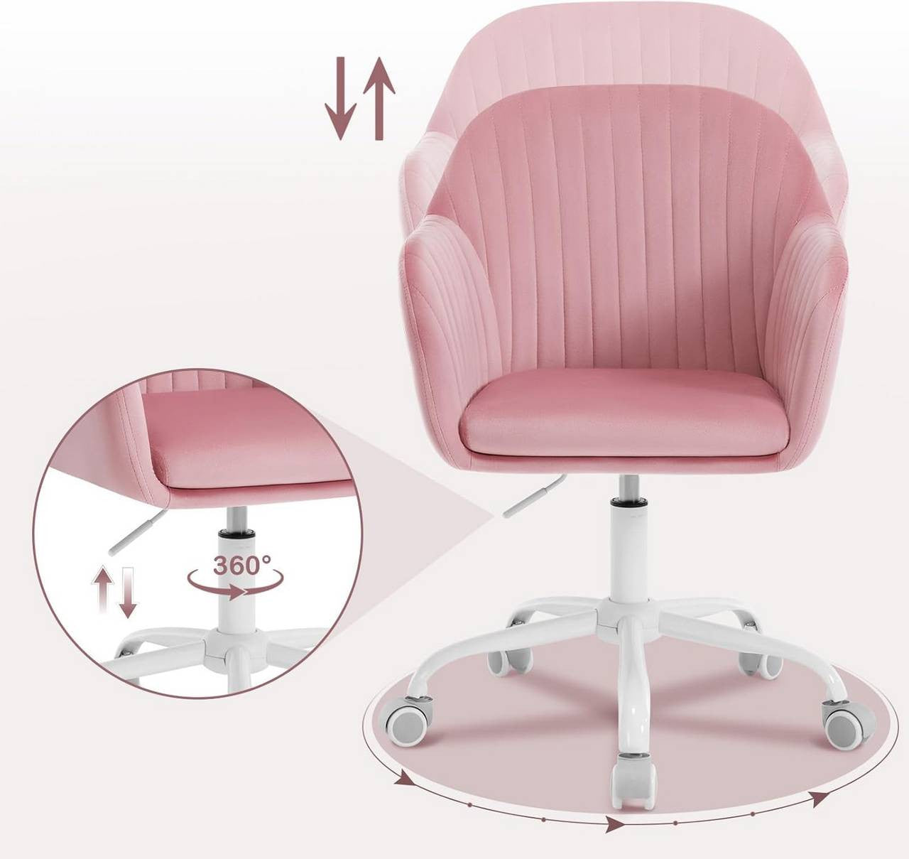 24goodz Ergonomic Office Chair - Comfortable Support for Long Hours - Velvet - For Home Office - Pink