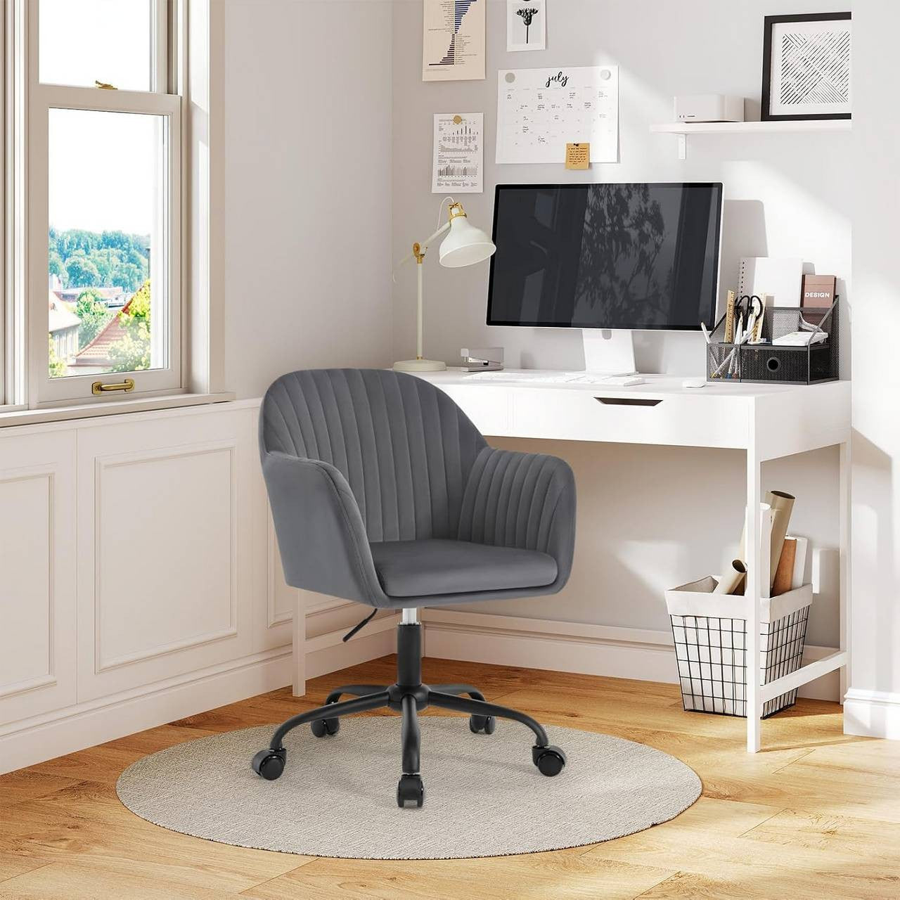 24goodz Ergonomic Office Chair - Comfortable Wide Seat - Height Adjustable & 360° Swivel - Velvet - For Home Office - Dark Grey