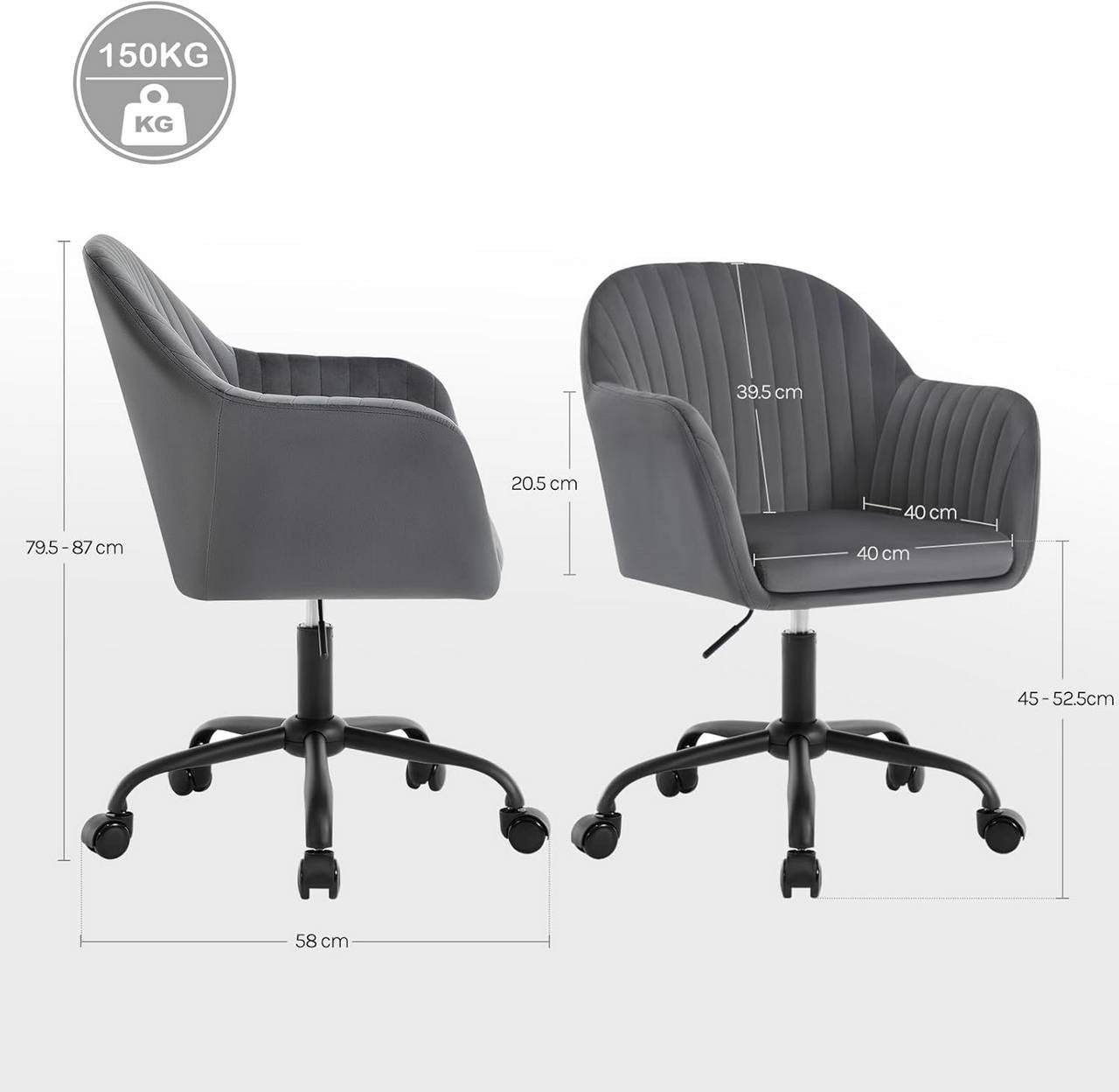 24goodz Ergonomic Office Chair - Comfortable Wide Seat - Height Adjustable & 360° Swivel - Velvet - For Home Office - Dark Grey