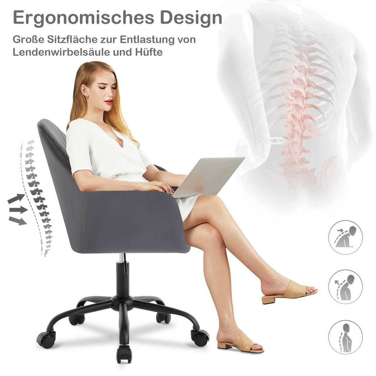 24goodz Ergonomic Office Chair - Comfortable Wide Seat - Height Adjustable & 360° Swivel - Velvet - For Home Office - Dark Grey