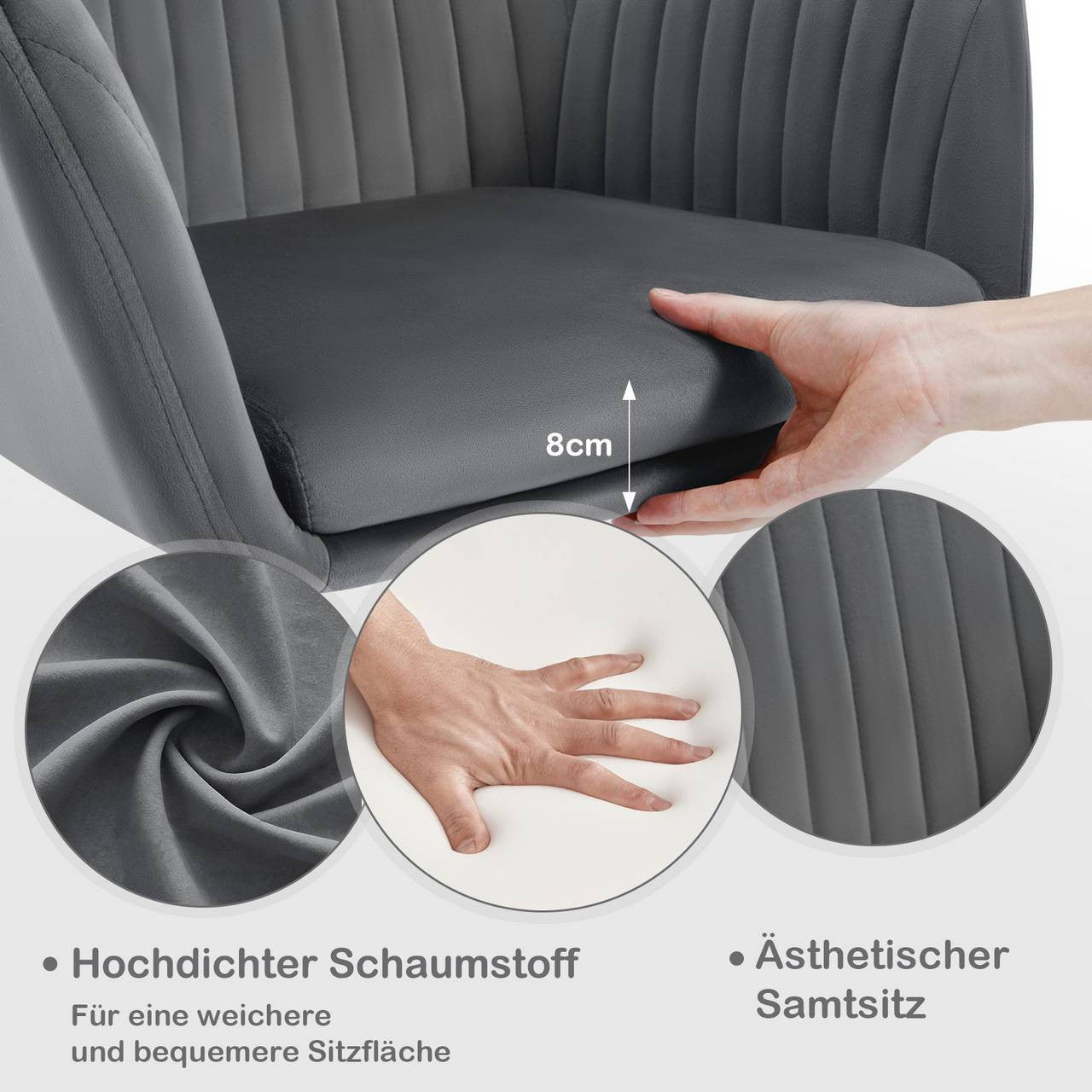 24goodz Ergonomic Office Chair - Comfortable Wide Seat - Height Adjustable & 360° Swivel - Velvet - For Home Office - Dark Grey