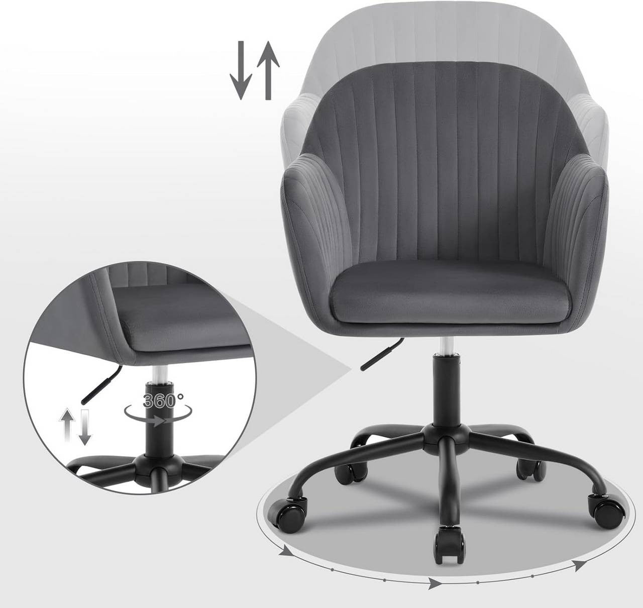 24goodz Ergonomic Office Chair - Comfortable Wide Seat - Height Adjustable & 360° Swivel - Velvet - For Home Office - Dark Grey