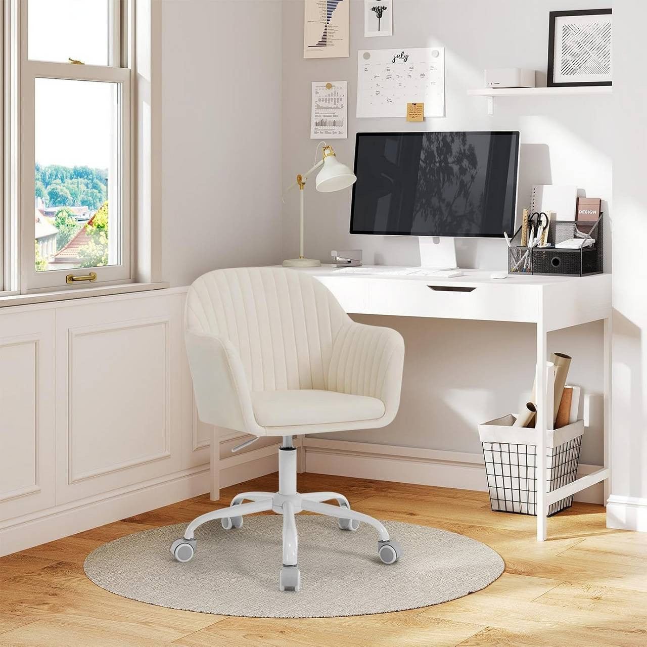 24goodz Ergonomic Office Chair - Comfortable Wide Seat - Height Adjustable & 360° Swivel - Velvet - For Home Office - Cream White
