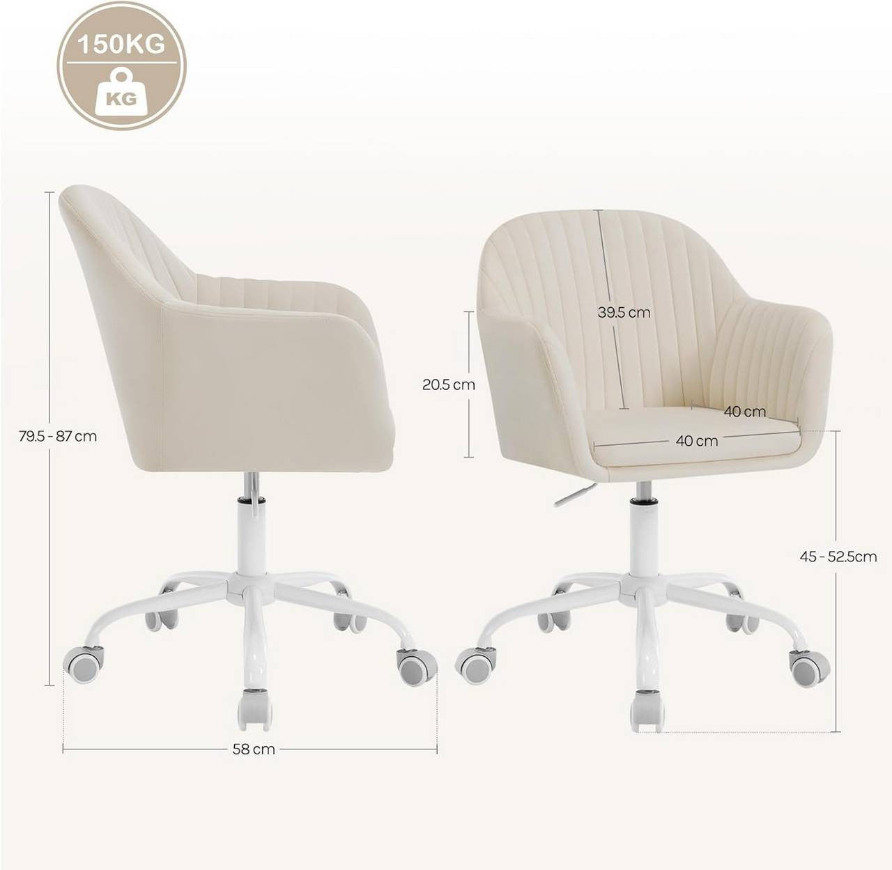24goodz Ergonomic Office Chair - Comfortable Wide Seat - Height Adjustable & 360° Swivel - Velvet - For Home Office - Cream White