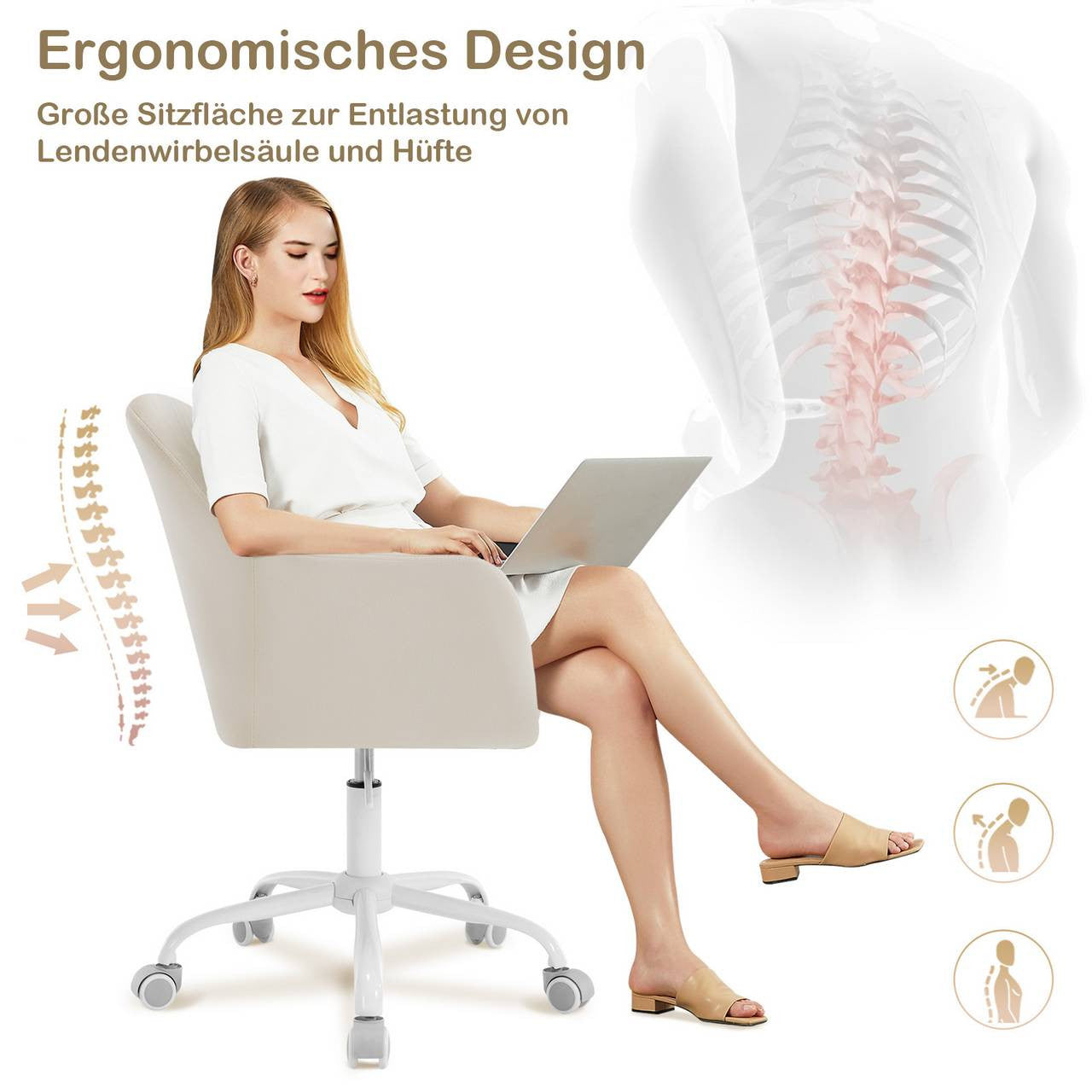 24goodz Ergonomic Office Chair - Comfortable Wide Seat - Height Adjustable & 360° Swivel - Velvet - For Home Office - Cream White