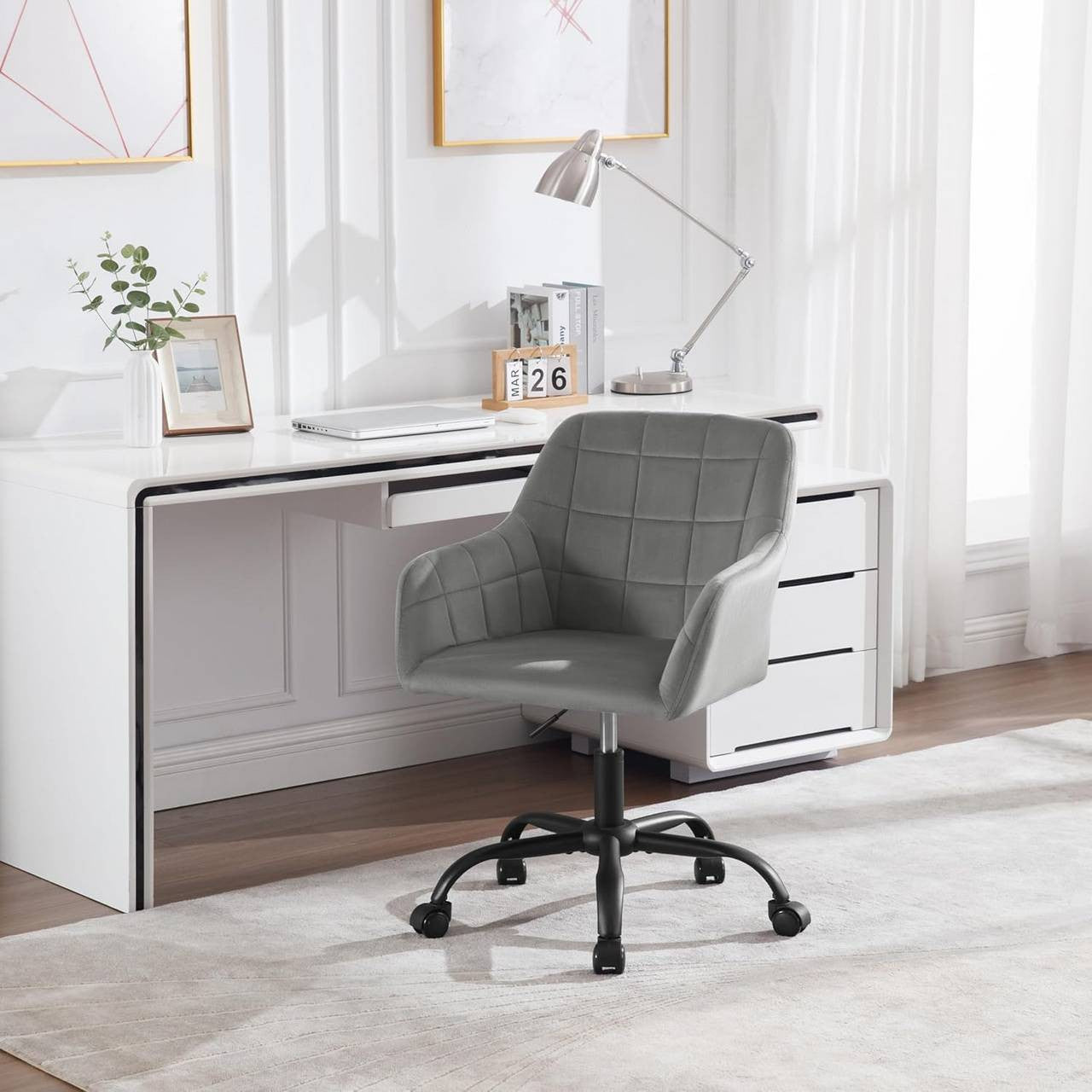 24goodz Ergonomic Office Chair - Comfortable Wide Seat - Velvet - For Home Office - Dark Grey