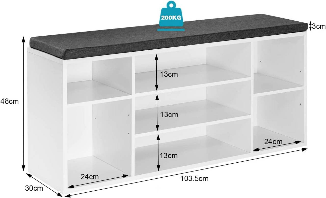 24goodz Shoe Bench - Stylish Storage Solution - Comfortable Seating - E1 Wood-Based Material - White + Grey - 103.5x48x30 cm - wgr