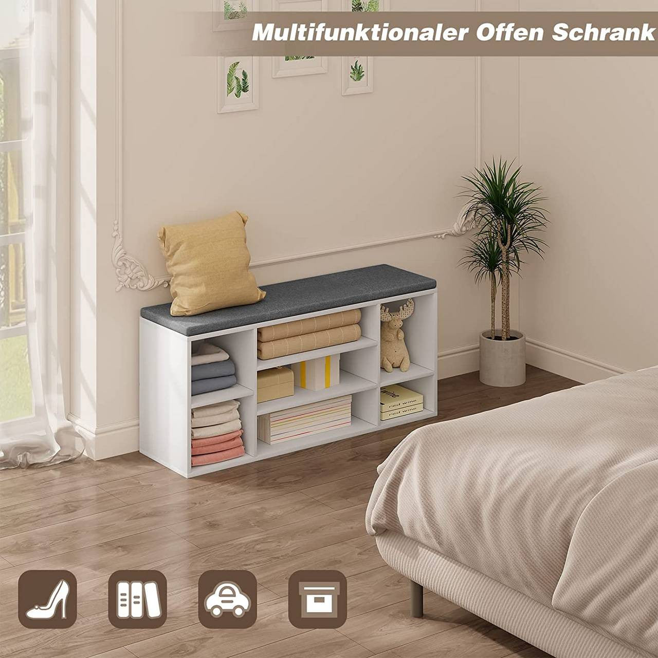 24goodz Shoe Bench - Stylish Storage Solution - Comfortable Seating - E1 Wood-Based Material - White + Grey - 103.5x48x30 cm - wgr