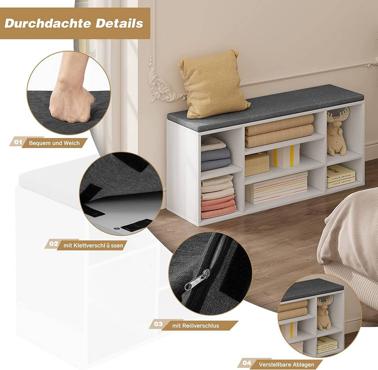24goodz Shoe Bench - Stylish Storage Solution - Comfortable Seating - E1 Wood-Based Material - White + Grey - 103.5x48x30 cm - wgr