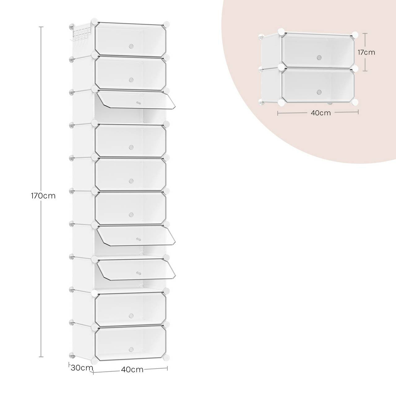 24goodz Shoe Rack with 10 Compartments - Modular Design - Sturdy and Waterproof - PP and Metal - White - 40x30x170 cm