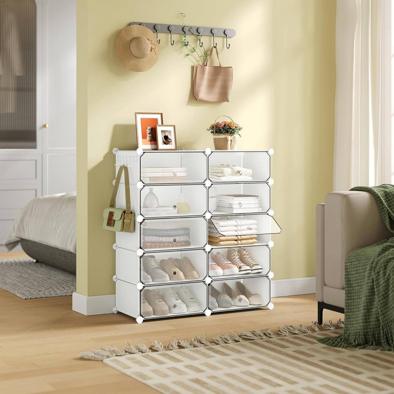 24goodz Shoe Rack with 10 Compartments - Modular Design - Sturdy and Waterproof - PP and Metal - White - 40x30x170 cm