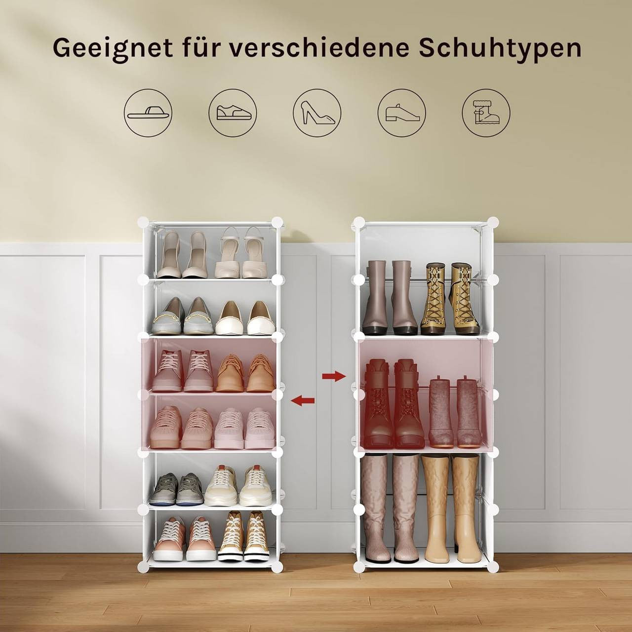 24goodz Shoe Rack with 10 Compartments - Modular Design - Sturdy and Waterproof - PP and Metal - White - 40x30x170 cm