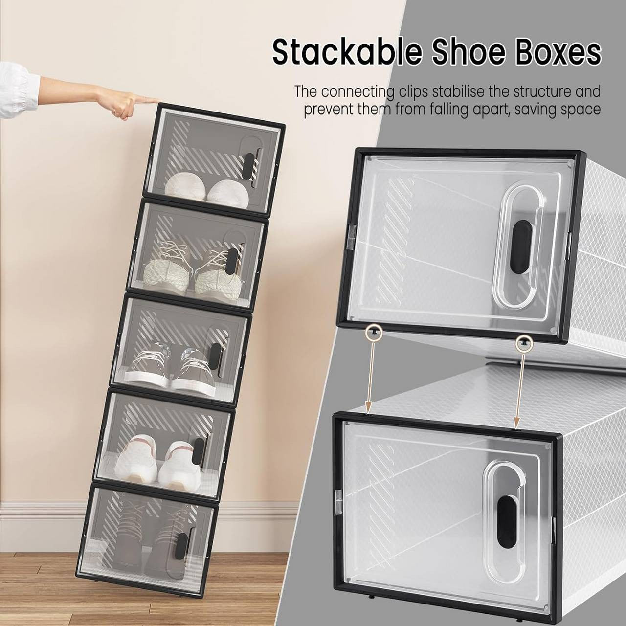 24goodz Stackable Shoe Storage Boxes - Space-Saving Design - Durable Plastic - For Shoe Lovers - Black + Transparent