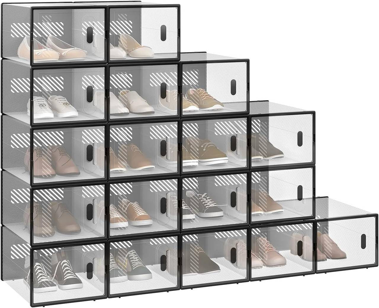 24goodz Stackable Shoe Boxes - Space-Saving Design - Durable Plastic - For Organizing Shoes and More - Transparent + Black
