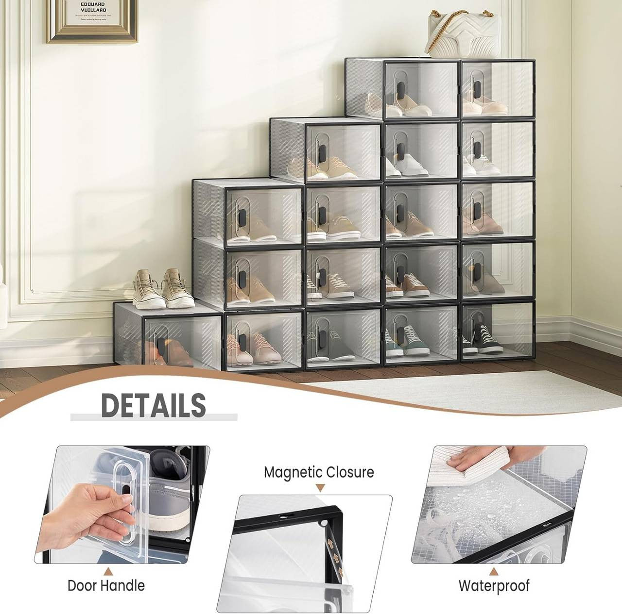 24goodz Stackable Shoe Storage Boxes - Space-Saving Design - Durable Plastic - For Shoe Lovers - Black + Transparent