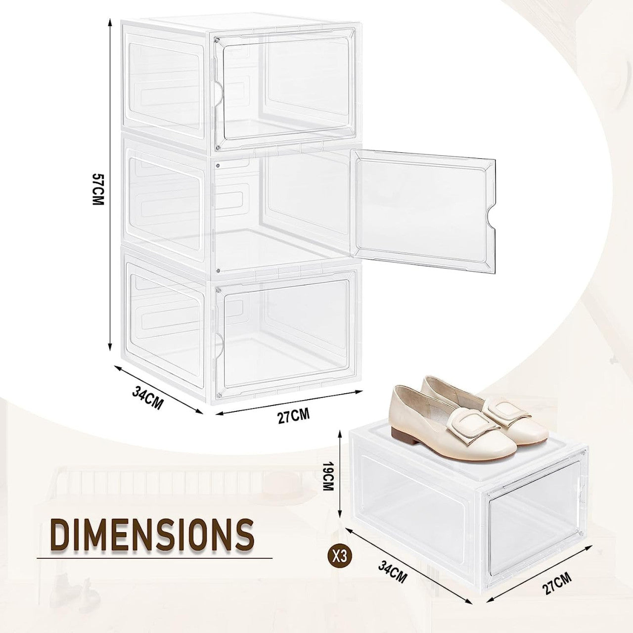24goodz Stackable Shoe Boxes Set of 3 - Space-Saving Design - High-Quality ABS and PP - For Sneaker Enthusiasts - Transparent