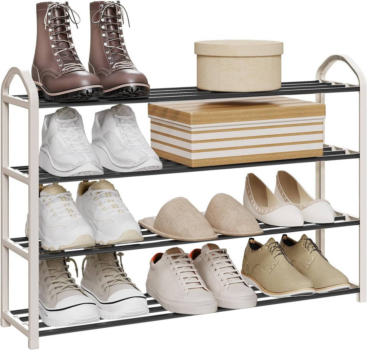 24goodz Shoe Rack - Spacious 4-Tier Design - Easy to Assemble - Steel-Plastic Composite - Cream - 79x19.5x62 cm