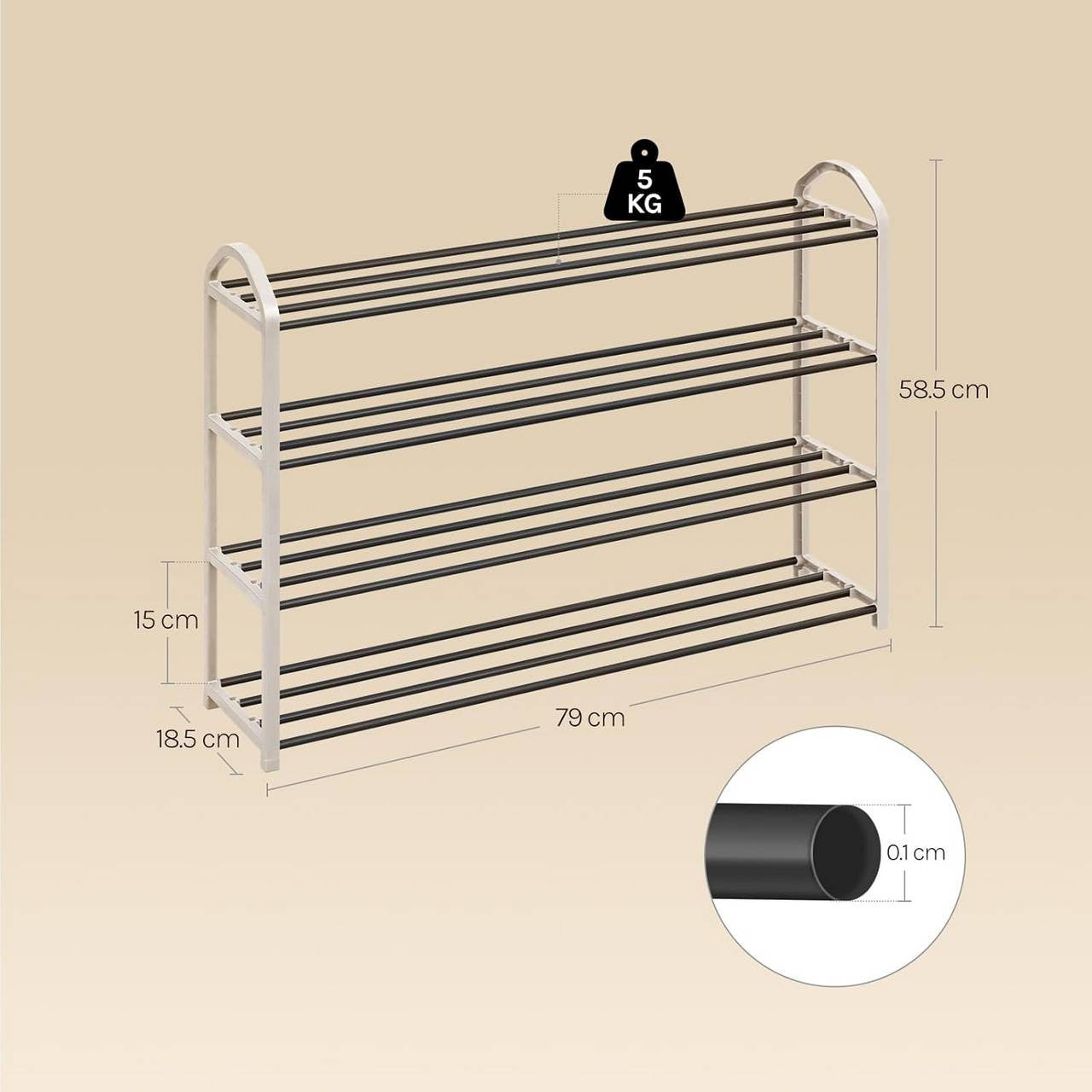 24goodz Shoe Rack - Spacious 4-Tier Design - Easy to Assemble - Steel-Plastic Composite - Cream - 79x19.5x62 cm