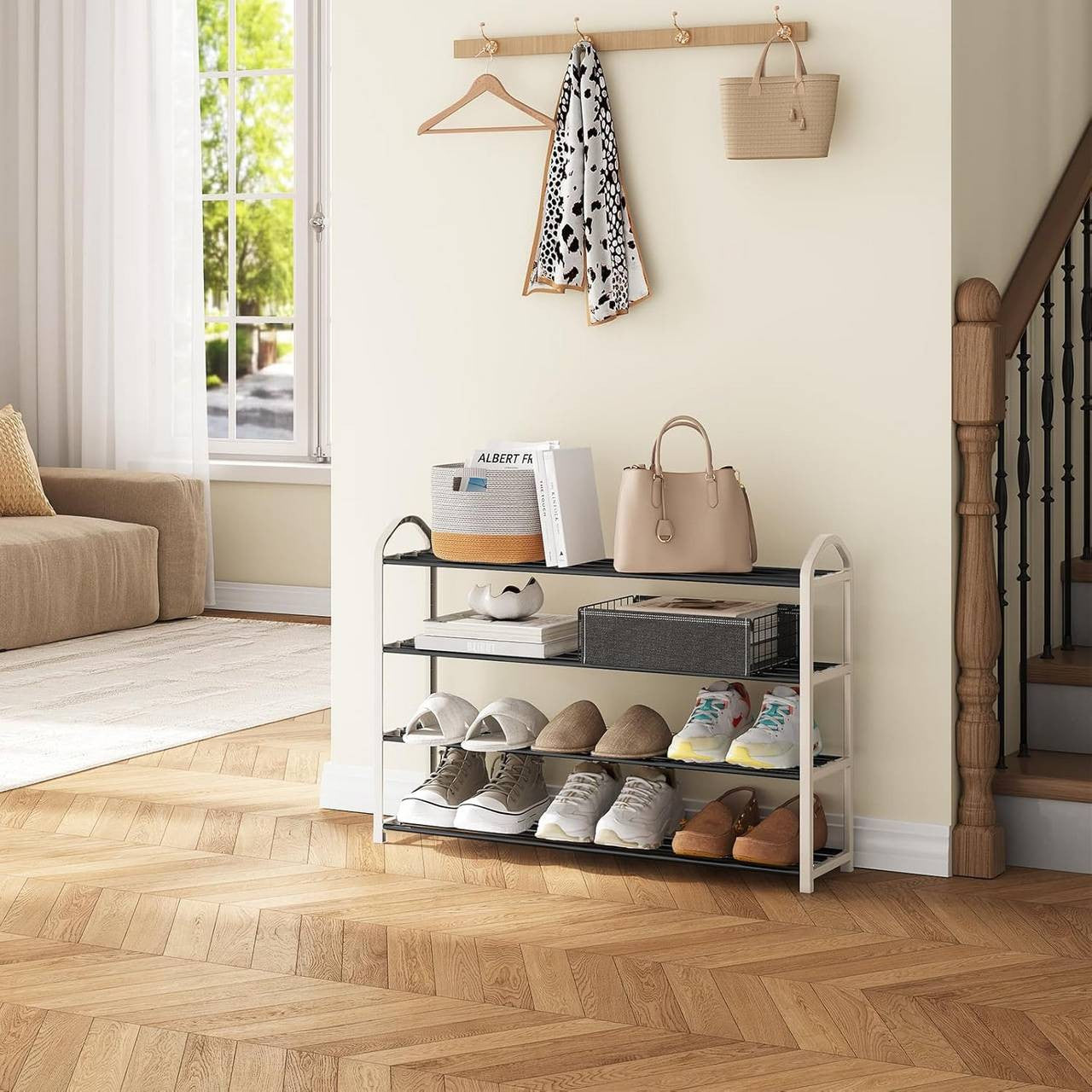 24goodz Shoe Rack - Spacious 4-Tier Design - Easy to Assemble - Steel-Plastic Composite - Cream - 79x19.5x62 cm