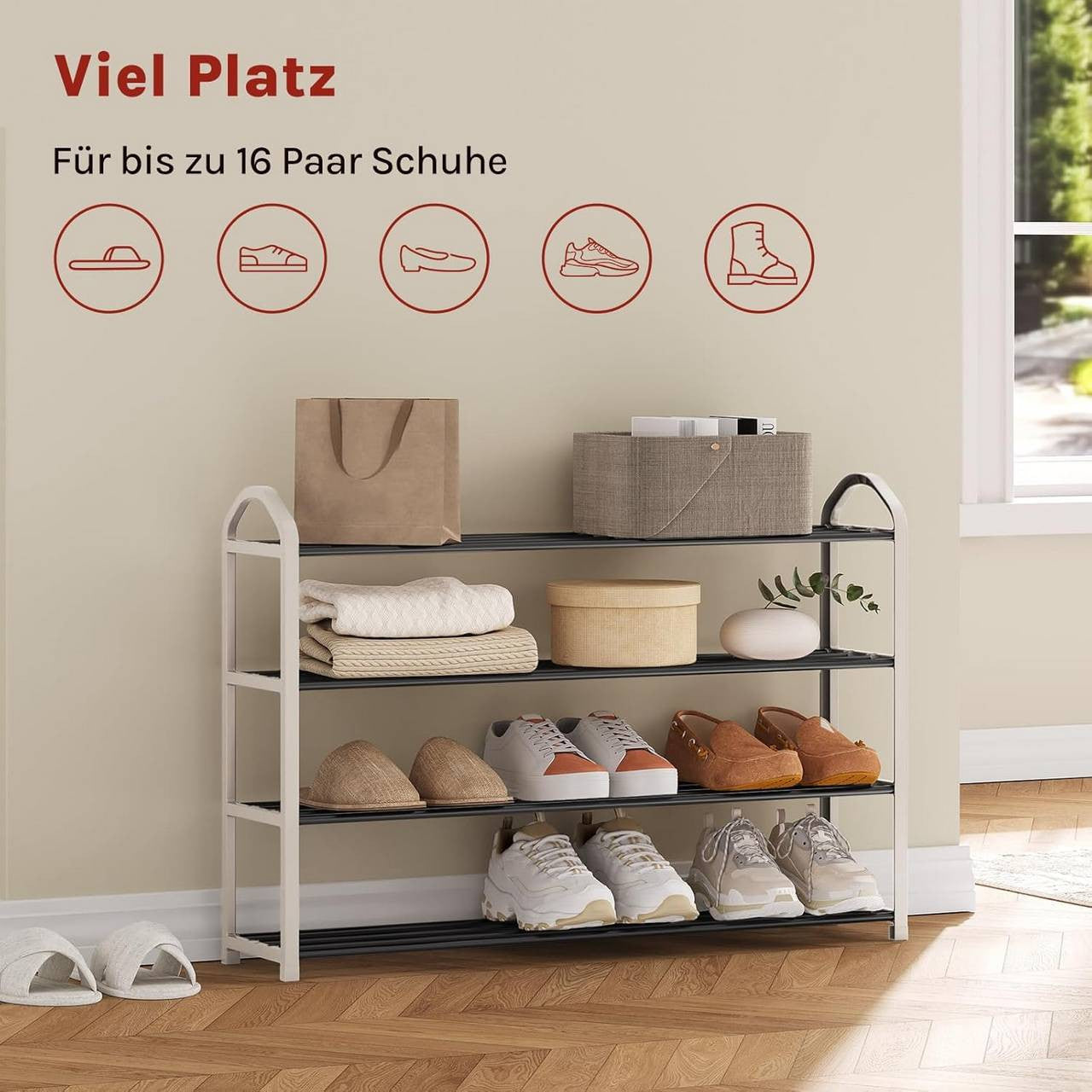 24goodz Shoe Rack - Spacious 4-Tier Design - Easy to Assemble - Steel-Plastic Composite - Cream - 79x19.5x62 cm