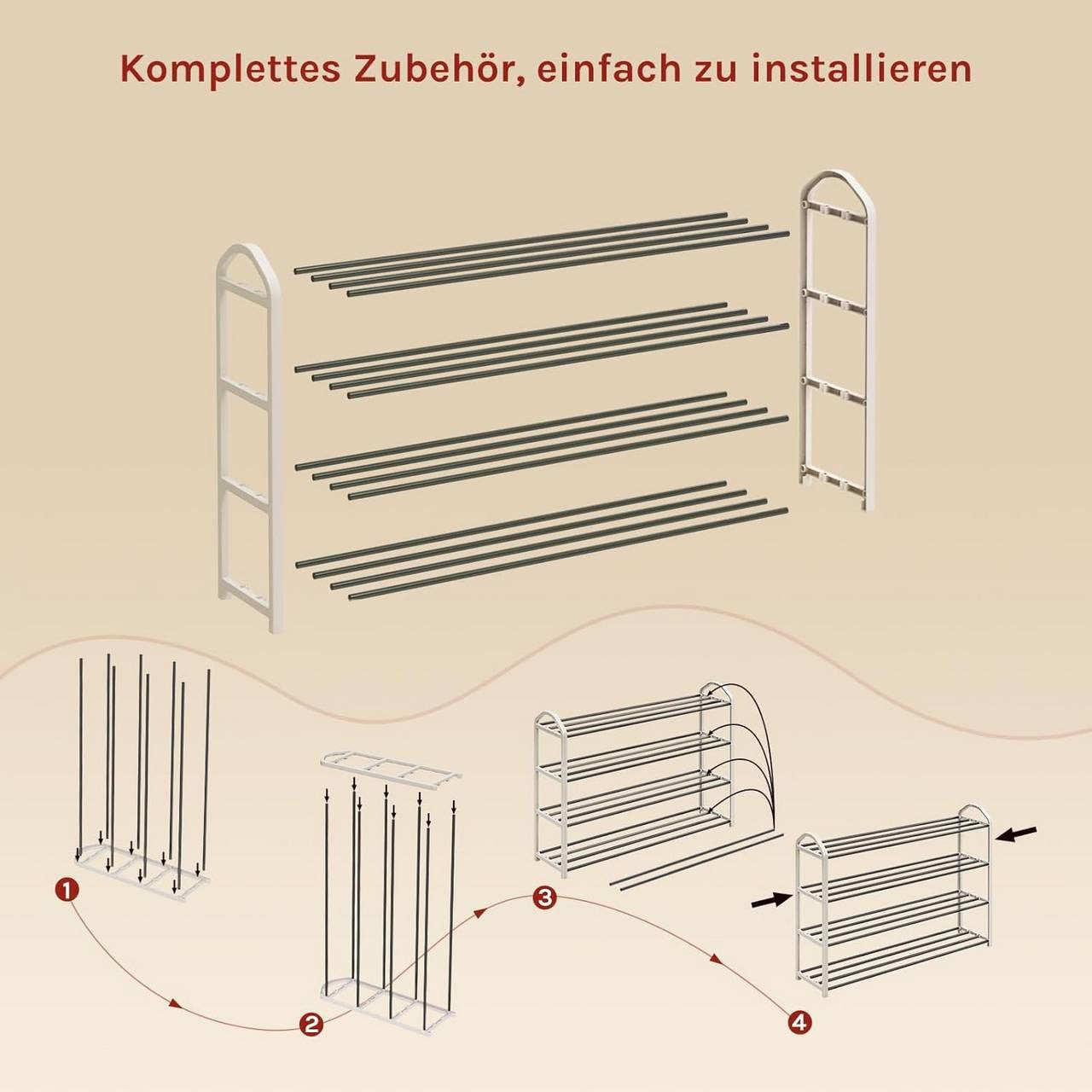 24goodz Shoe Rack - Spacious 4-Tier Design - Easy to Assemble - Steel-Plastic Composite - Cream - 79x19.5x62 cm