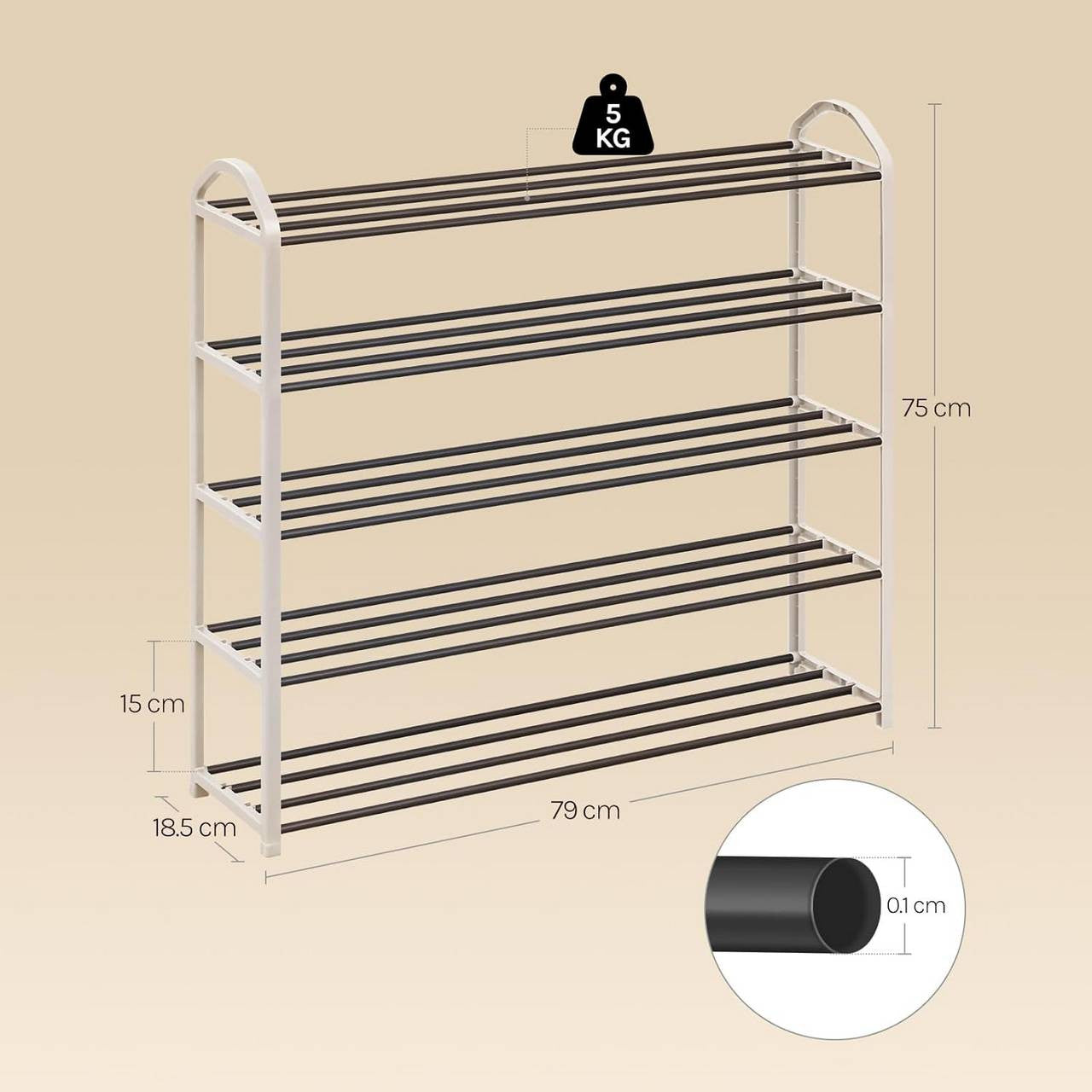 24goodz Shoe Rack - Spacious 5-Tier Design - Easy to Assemble - Steel-Plastic Composite - For Home Organization - Cream, 79x19.5x79cm