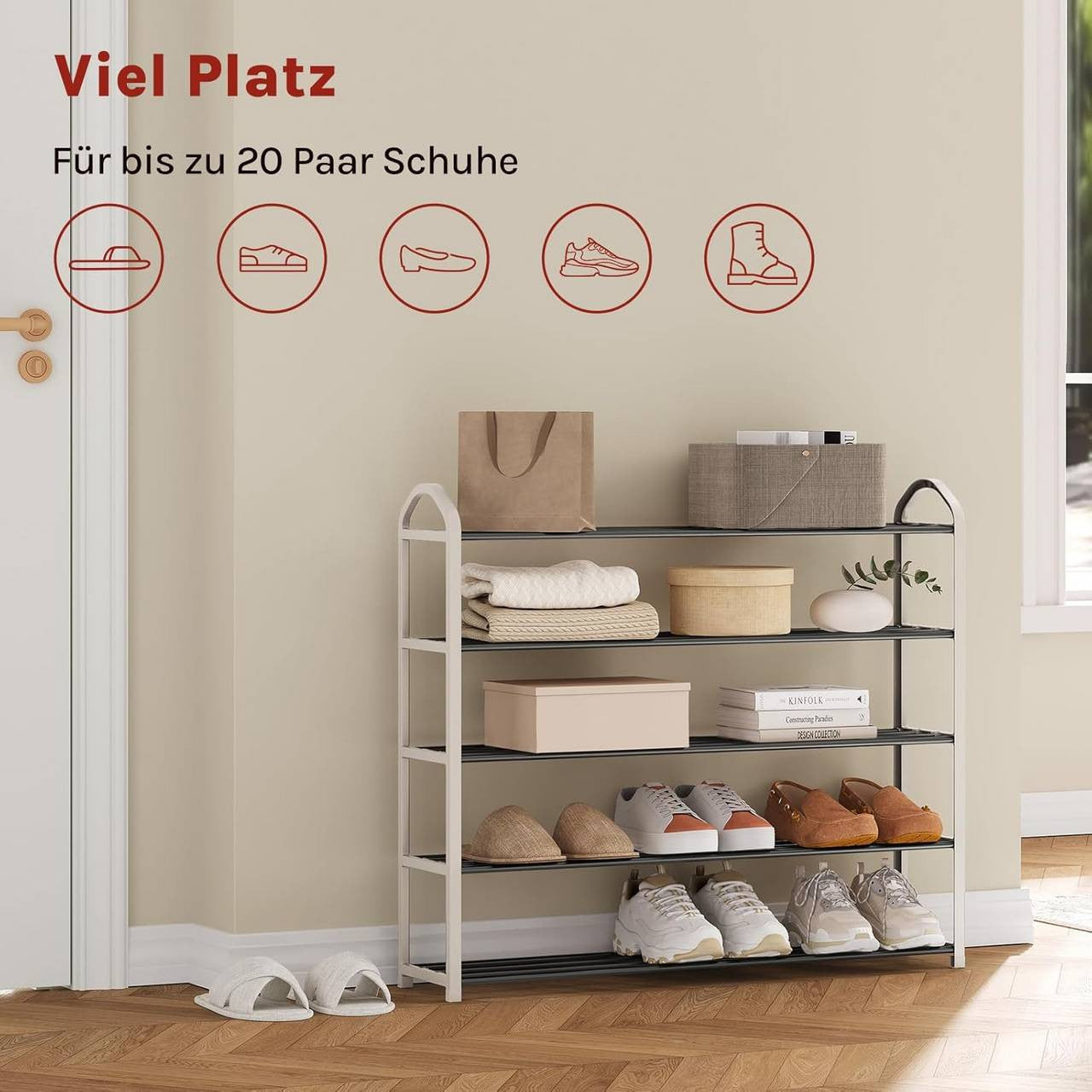 24goodz Shoe Rack - Spacious 5-Tier Design - Easy to Assemble - Steel-Plastic Composite - For Home Organization - Cream, 79x19.5x79cm