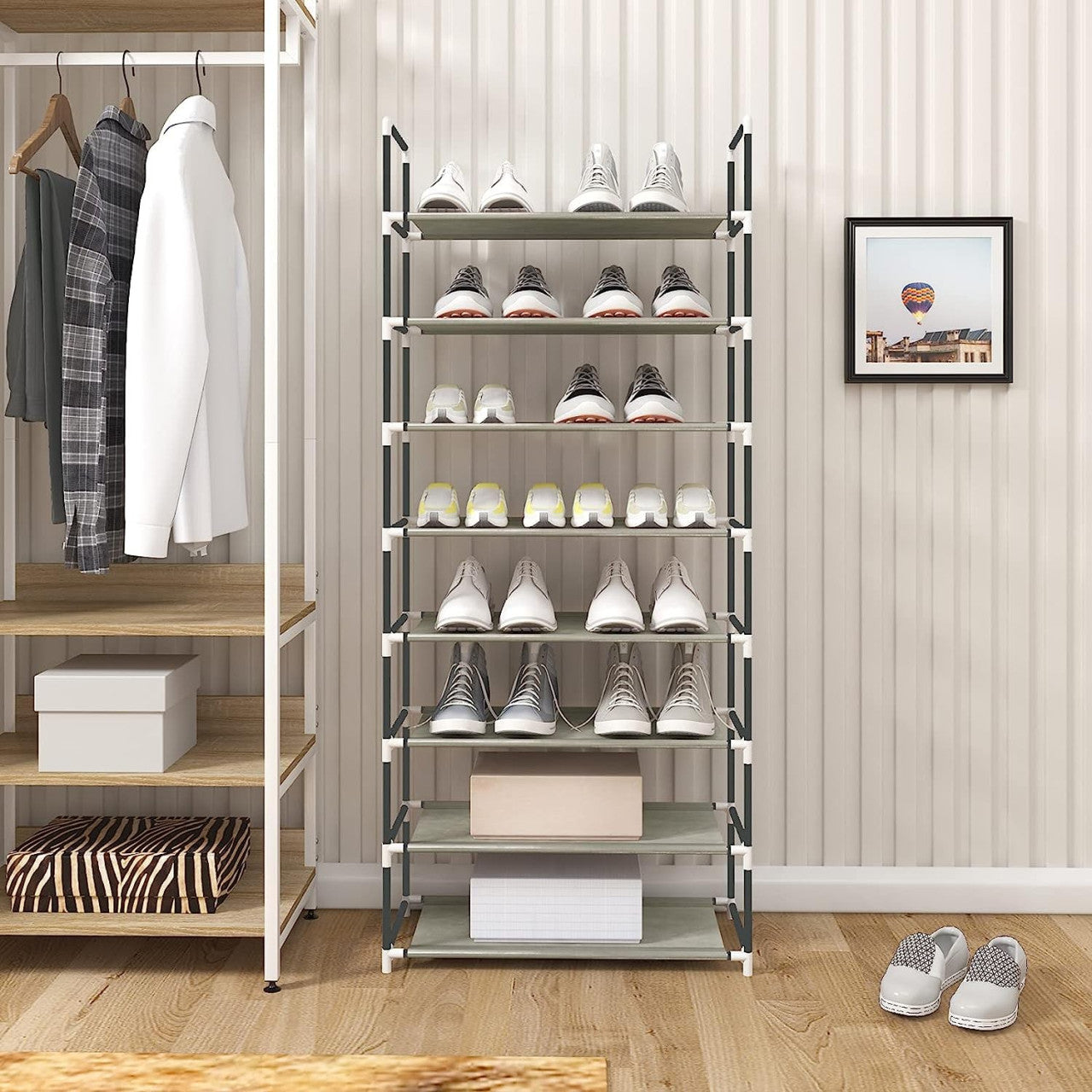 24goodz Shoe Rack - Space-Saving Design - Easy to Assemble - Steel and Non-Woven Fabric - Grey - 28.5 x 140 x 59.5 cm