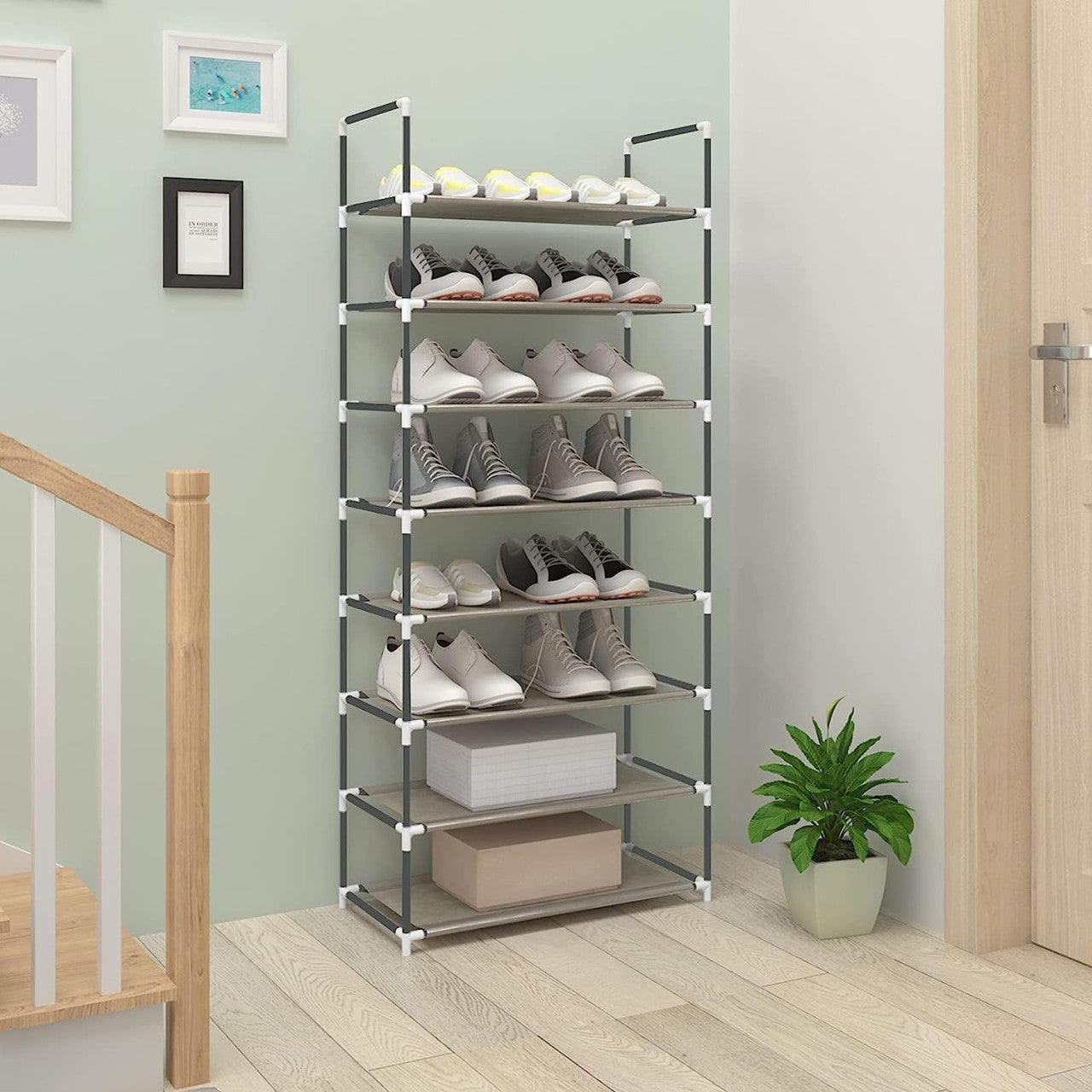 24goodz Shoe Rack - Space-Saving Design - Easy to Assemble - Steel and Non-Woven Fabric - Grey - 28.5 x 140 x 59.5 cm