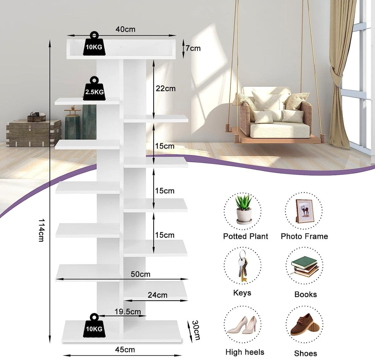 24goodz 12-Tier Shoe Rack - Space-Saving Design - Sturdy E1 Wood-Based Material - For Home Organization - White - ws