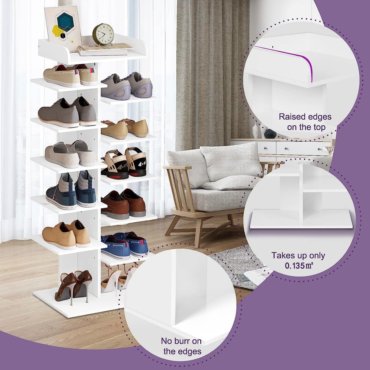 24goodz 12-Tier Shoe Rack - Space-Saving Design - Sturdy E1 Wood-Based Material - For Home Organization - White - ws
