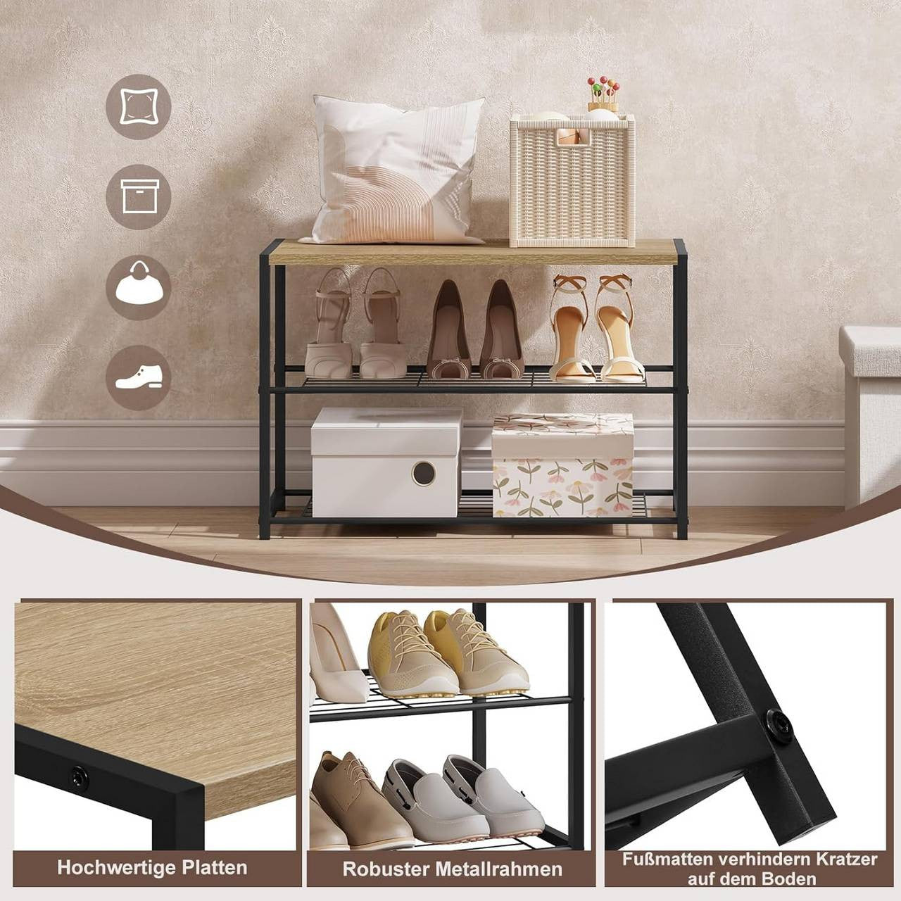 24goodz Shoe Rack with 2 Tiers - Spacious Storage for 6 Pairs - E1-Class Engineered Wood and Iron - Light Oak + Black - 63 x 43 x 30 cm