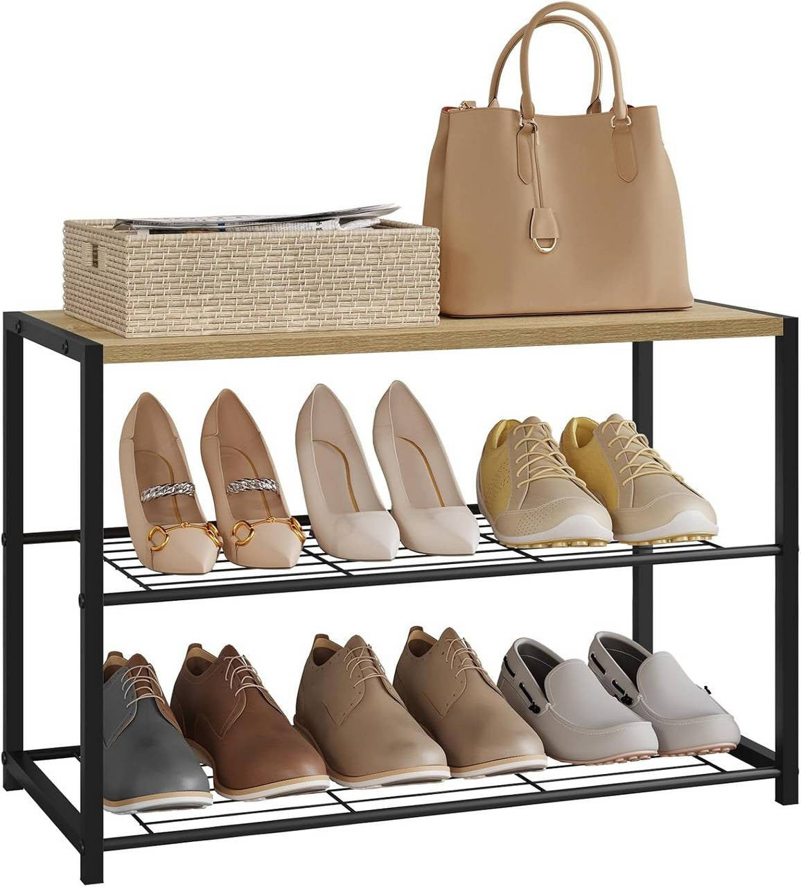24goodz Shoe Rack with 2 Tiers - Spacious Storage for 6 Pairs - E1-Class Engineered Wood and Iron - Light Oak + Black - 63 x 43 x 30 cm