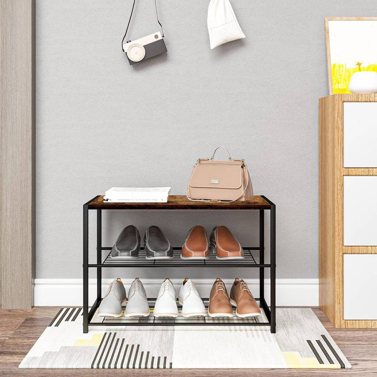 24goodz Shoe Rack with 2 Tiers - Spacious Storage for 6 Pairs - E1-Class Engineered Wood - For Home Organization - Dark Wood Look - dc