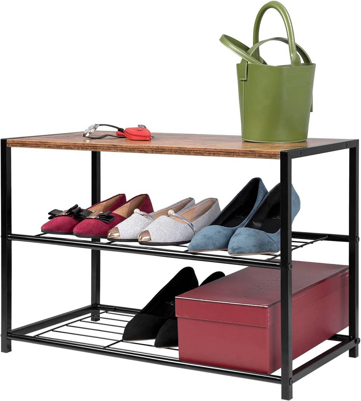 24goodz Shoe Rack with 2 Tiers - Spacious Storage for 6 Pairs - E1-Class Engineered Wood - For Home Organization - Dark Wood Look - dc