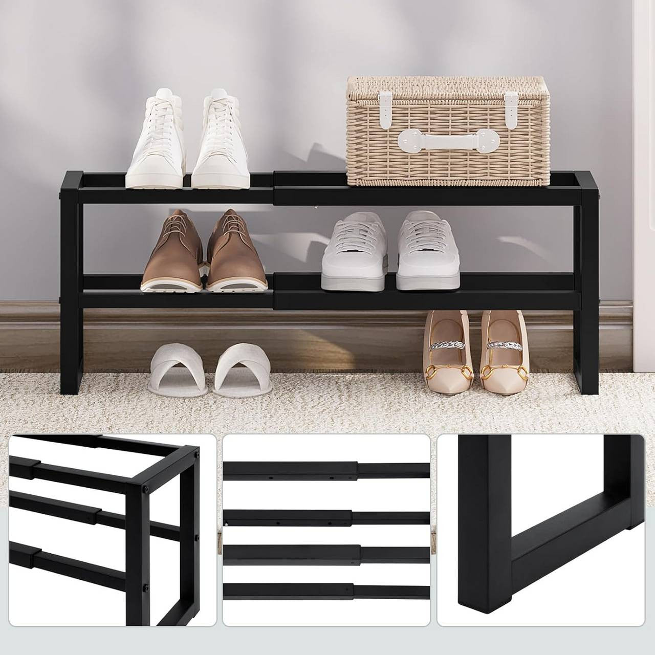24goodz Expandable Shoe Rack - Space-Saving Design - Durable Metal - For Every Home - Black