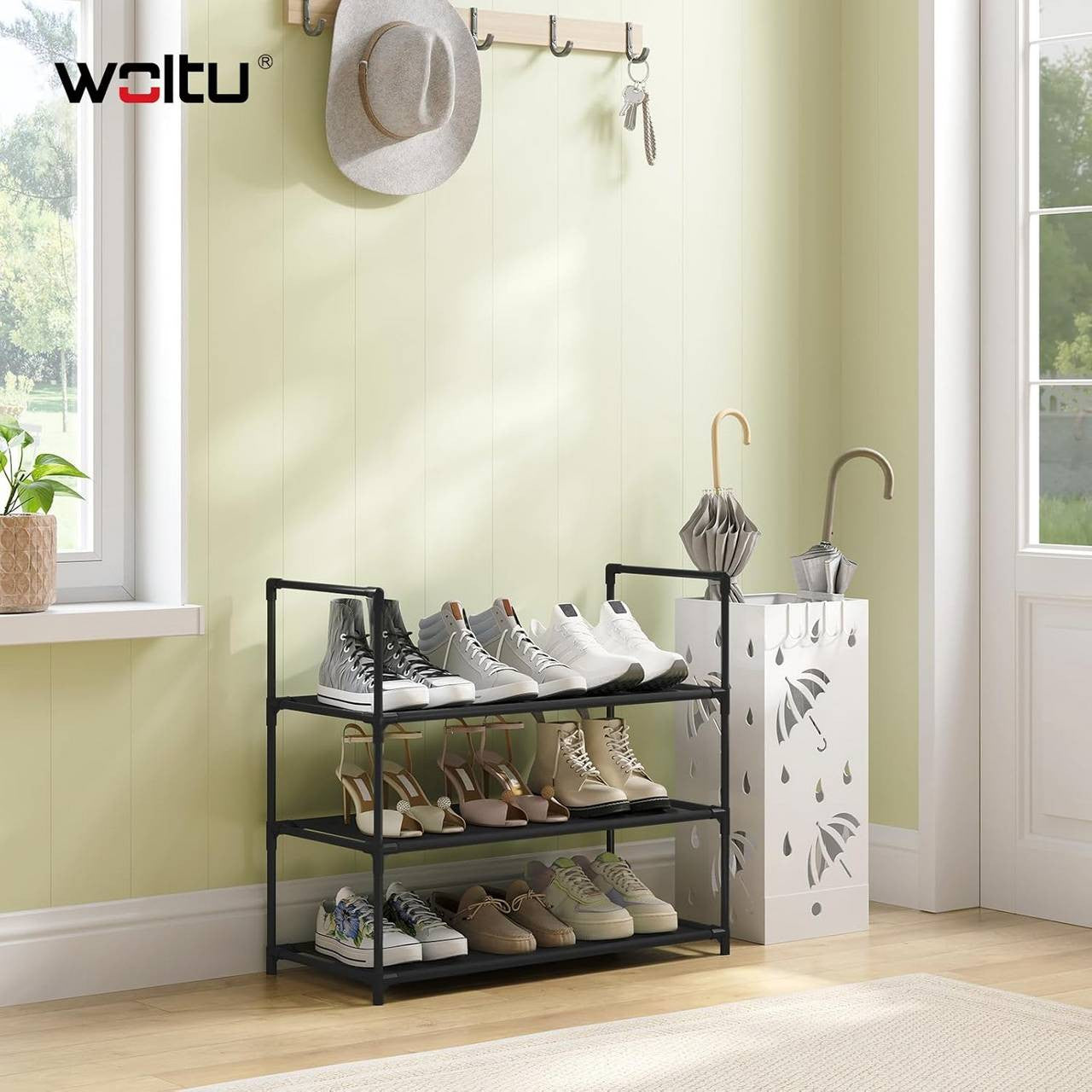 24goodz Slim Shoe Rack - Space-Saving Design - Easy Assembly - Metal Frame - Black - 61x28x55 cm