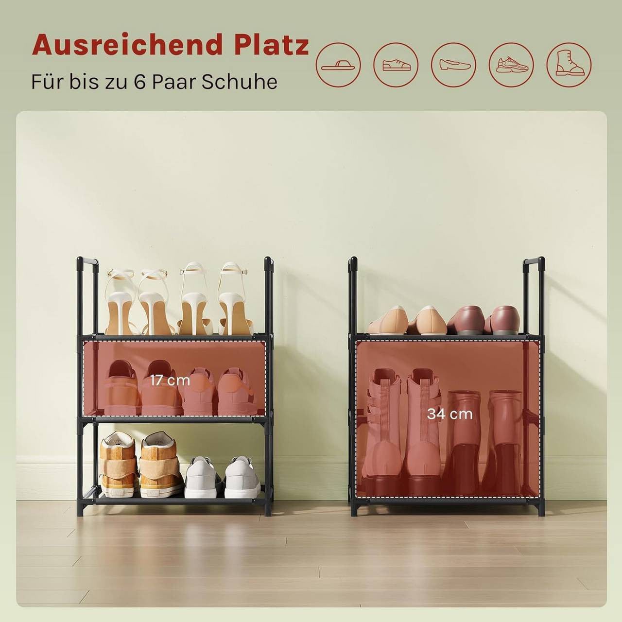 24goodz Shoe Rack with 3 Shelves - Space-Saving Design - Sturdy Metal Frame - Black - 41x28x55 cm