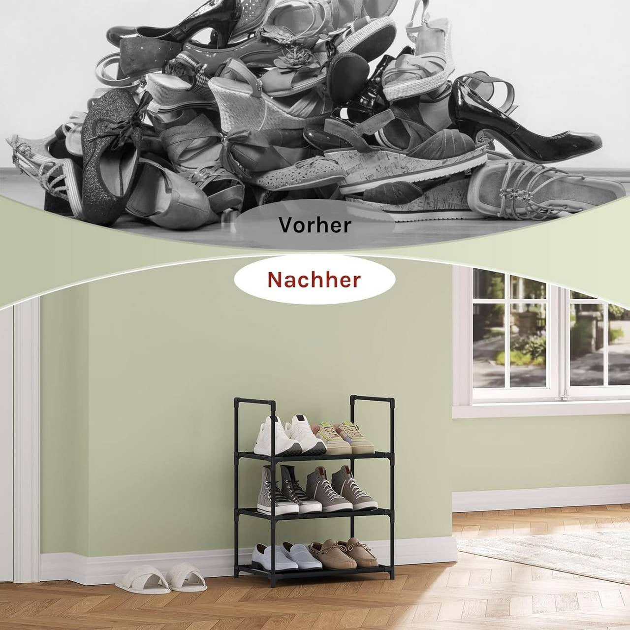 24goodz Shoe Rack with 3 Shelves - Space-Saving Design - Sturdy Metal Frame - Black - 41x28x55 cm
