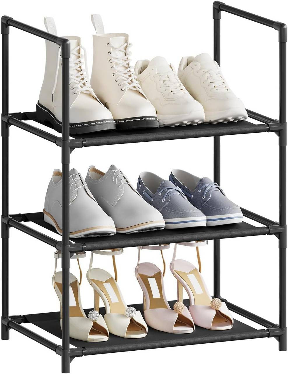 24goodz Shoe Rack with 3 Shelves - Space-Saving Design - Sturdy Metal Frame - Black - 41x28x55 cm